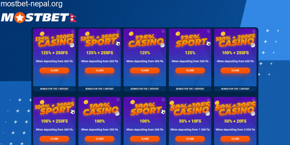 Welcome bonus 125% on first deposit at Mostbet Nepal